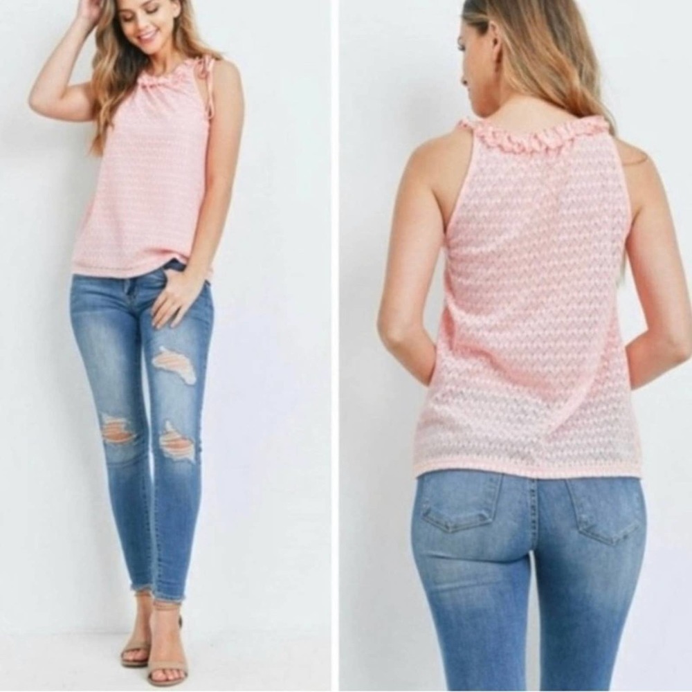 Pink Ruffle Neckline Overlay Halter Style Tank Top - Picture 2 of 3